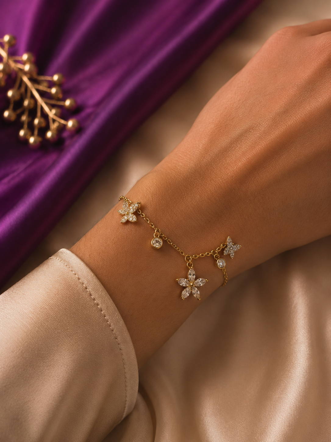 Crystal Butterfly & Flower Charm Bracelet