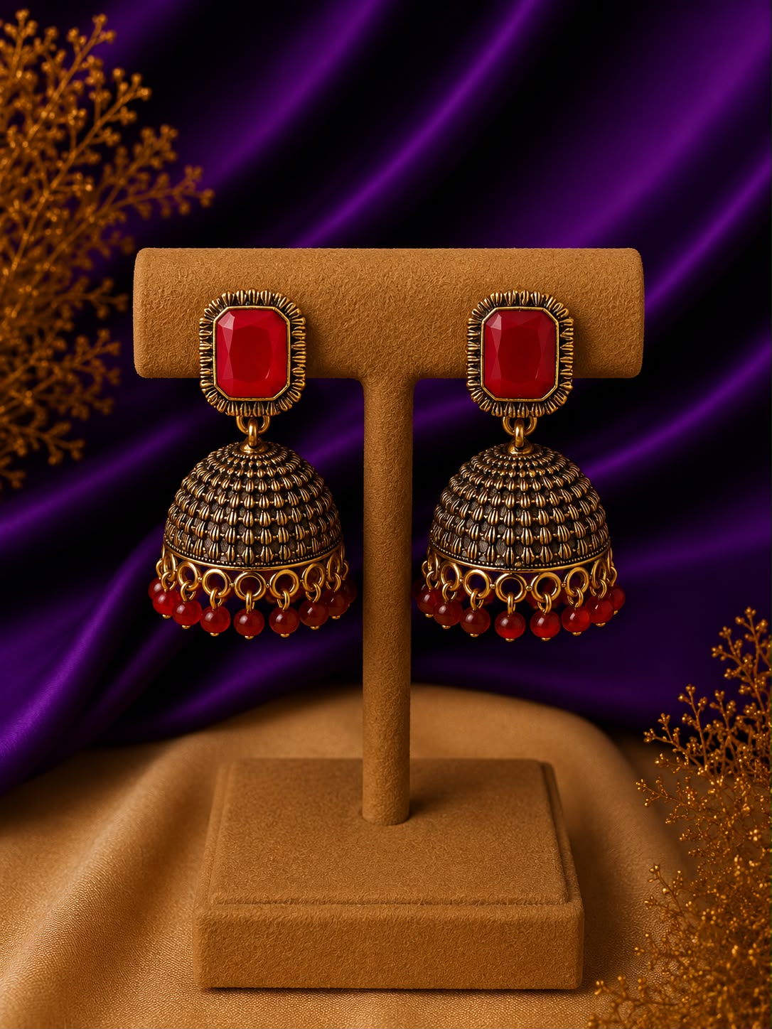 Garnet Stone Wire-Wrap Dome Jhumka Earrings with Bead Drops