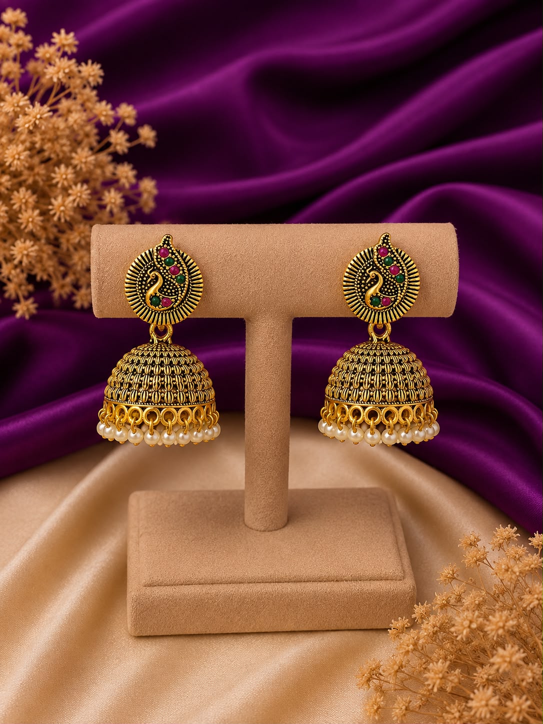 Peacock Motif Antique Jhumka Earrings with Pearl Drops