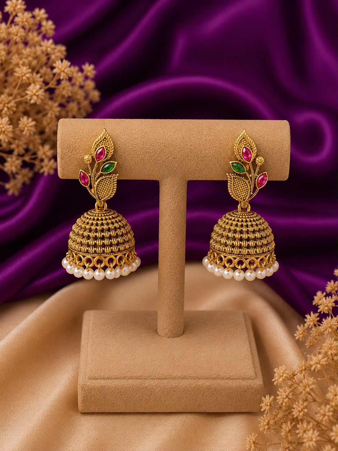 Floral Leaf Ruby & Emerald Jhumka Earrings with Pearl Drops