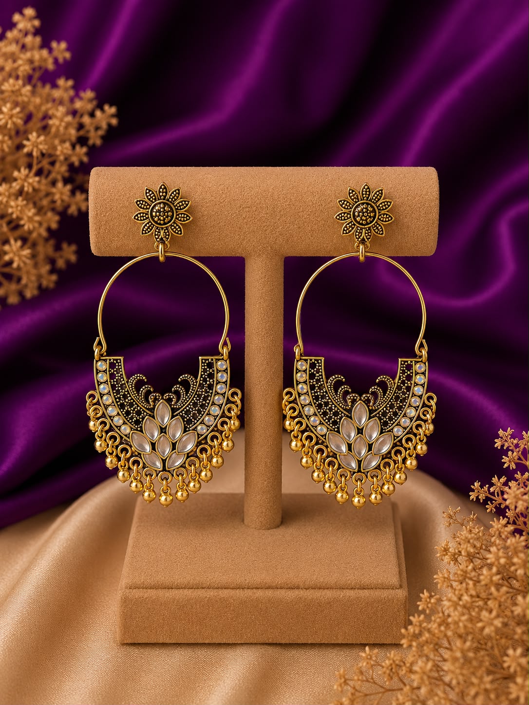 Oxidised Gold Hoop Chandbali Earrings with Mirror Petals & Gold Bead Drops