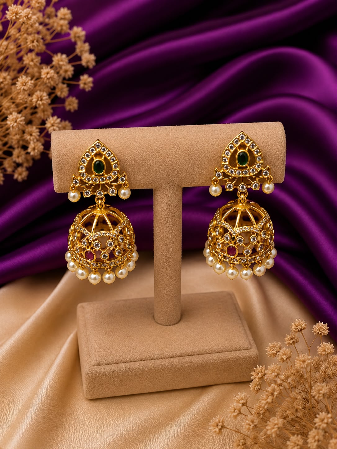 Navratna Dome Jhumka Earrings with Pearl Drops