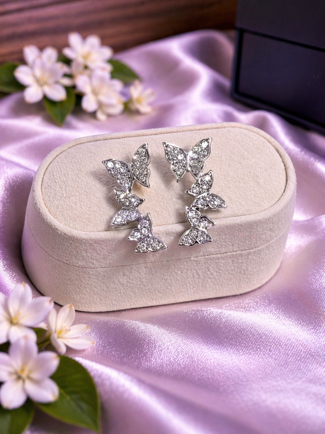 Silver Pavé Crystal Cascading Butterfly Drop Earrings