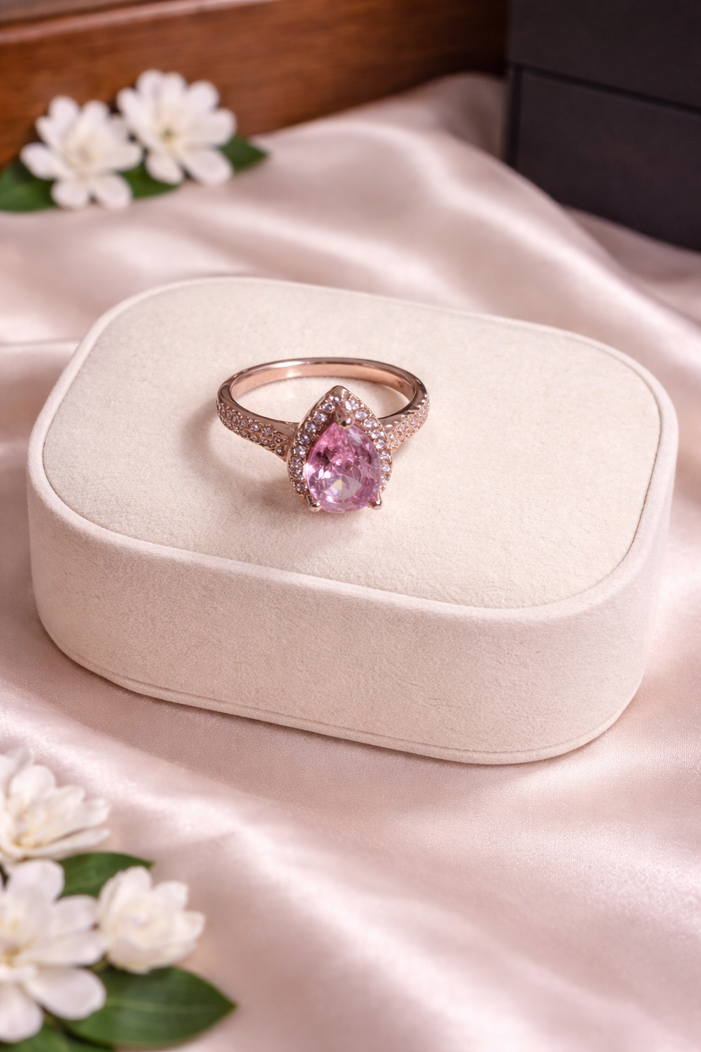 Pink Pear-Cut CZ Halo Ring
