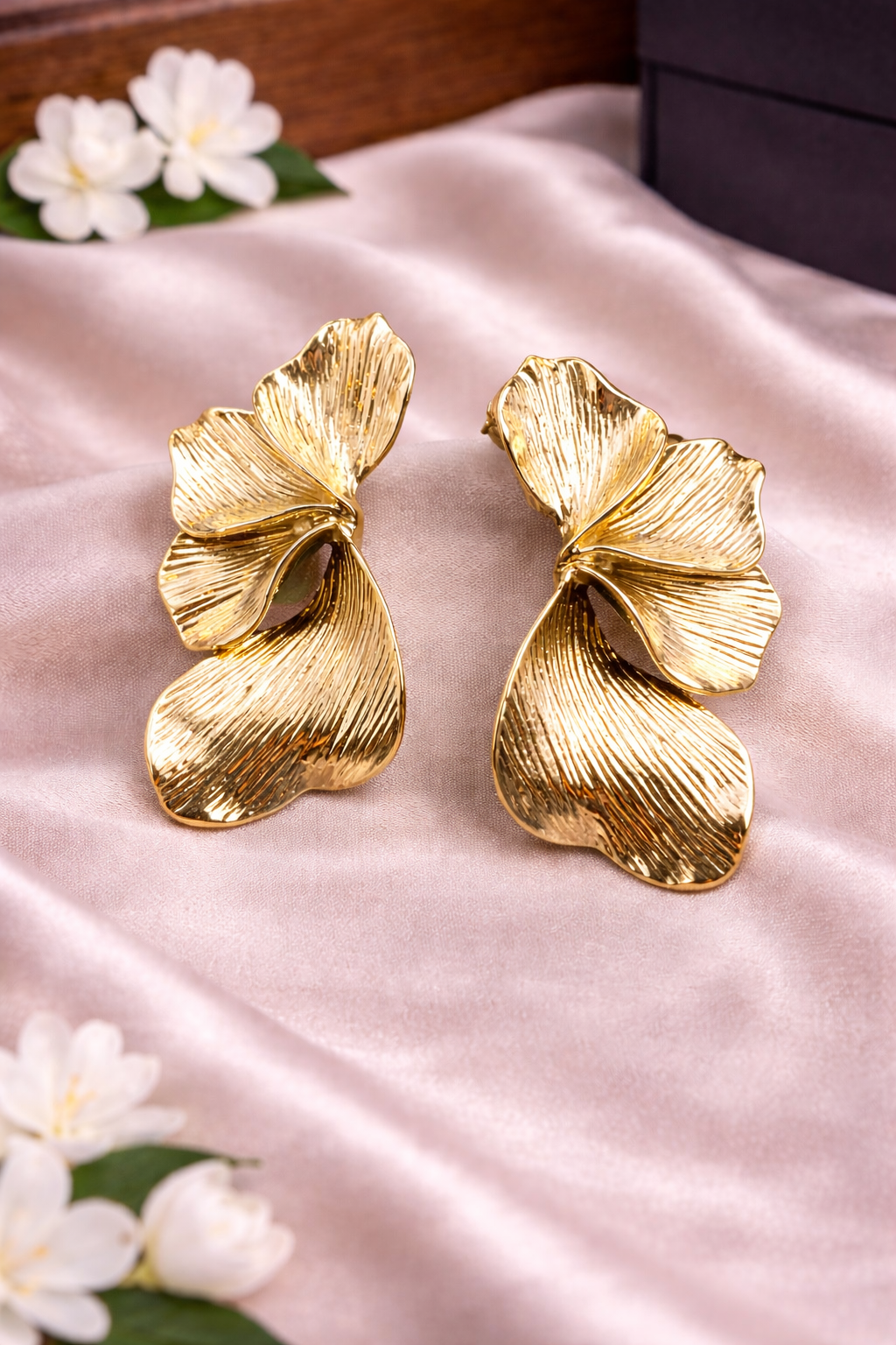 Gold Textured Petal Drop Earrings