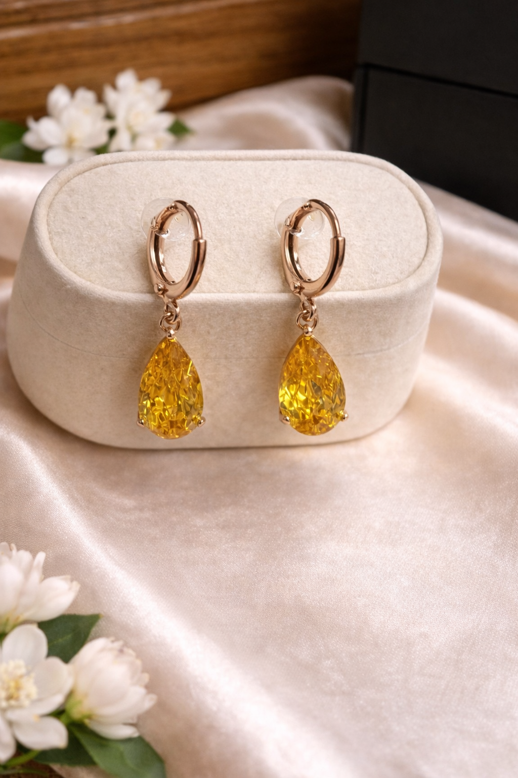 Rose Gold Huggie Hoop & Citrine Teardrop Crystal Earrings
