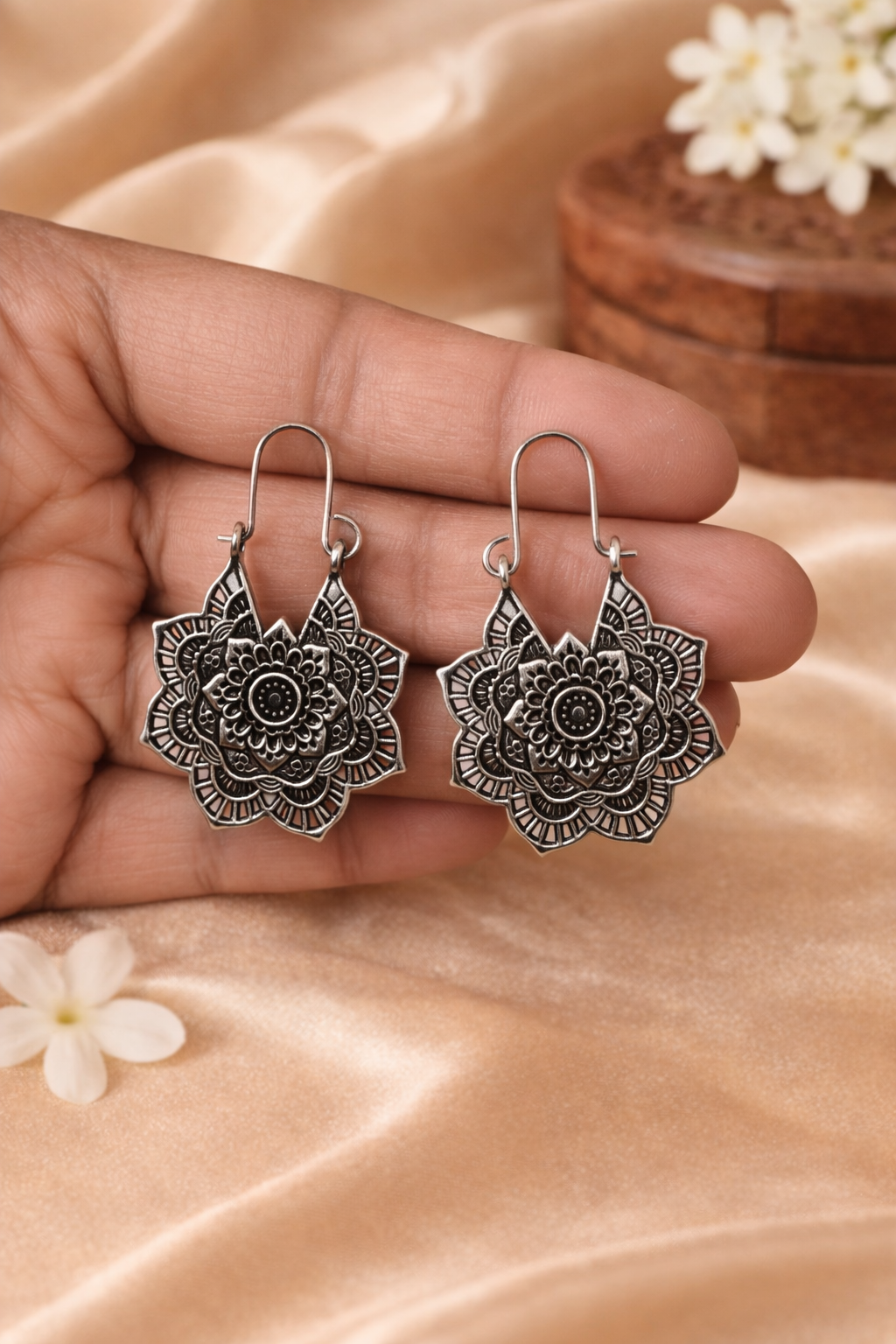 Mandala Floral Silver Earrings