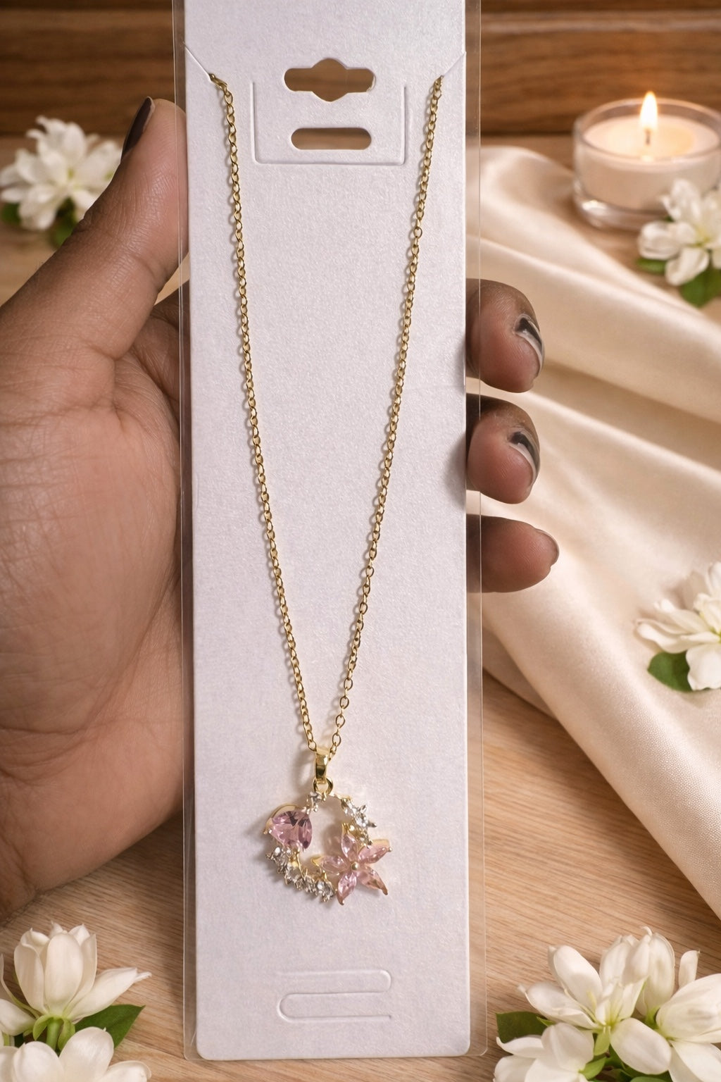 Gold Pink Crystal Star & Heart Cluster Necklace