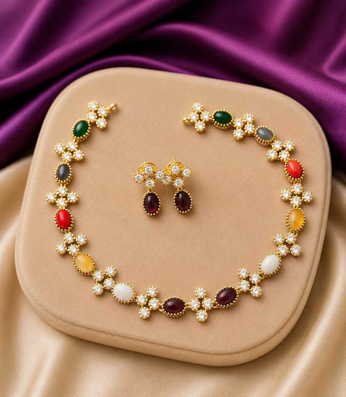 Gold Navaratna Nine Stone CZ Necklace & Earring Set