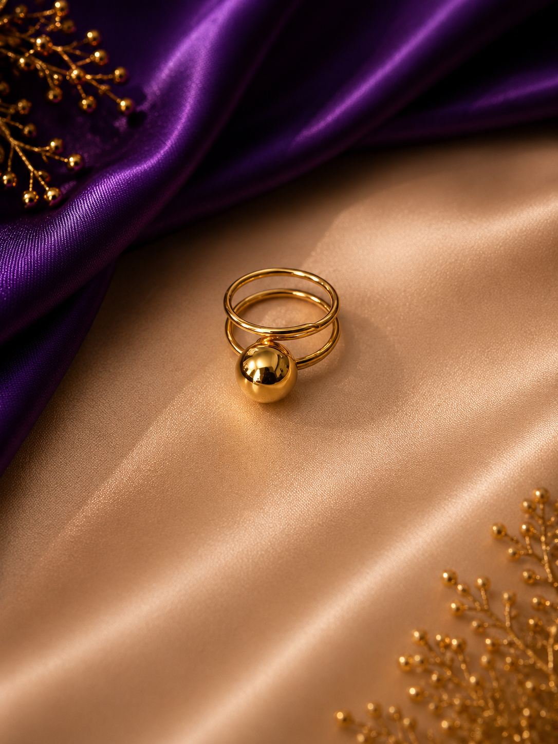 Gold Double Band Sphere Adjustable Ring