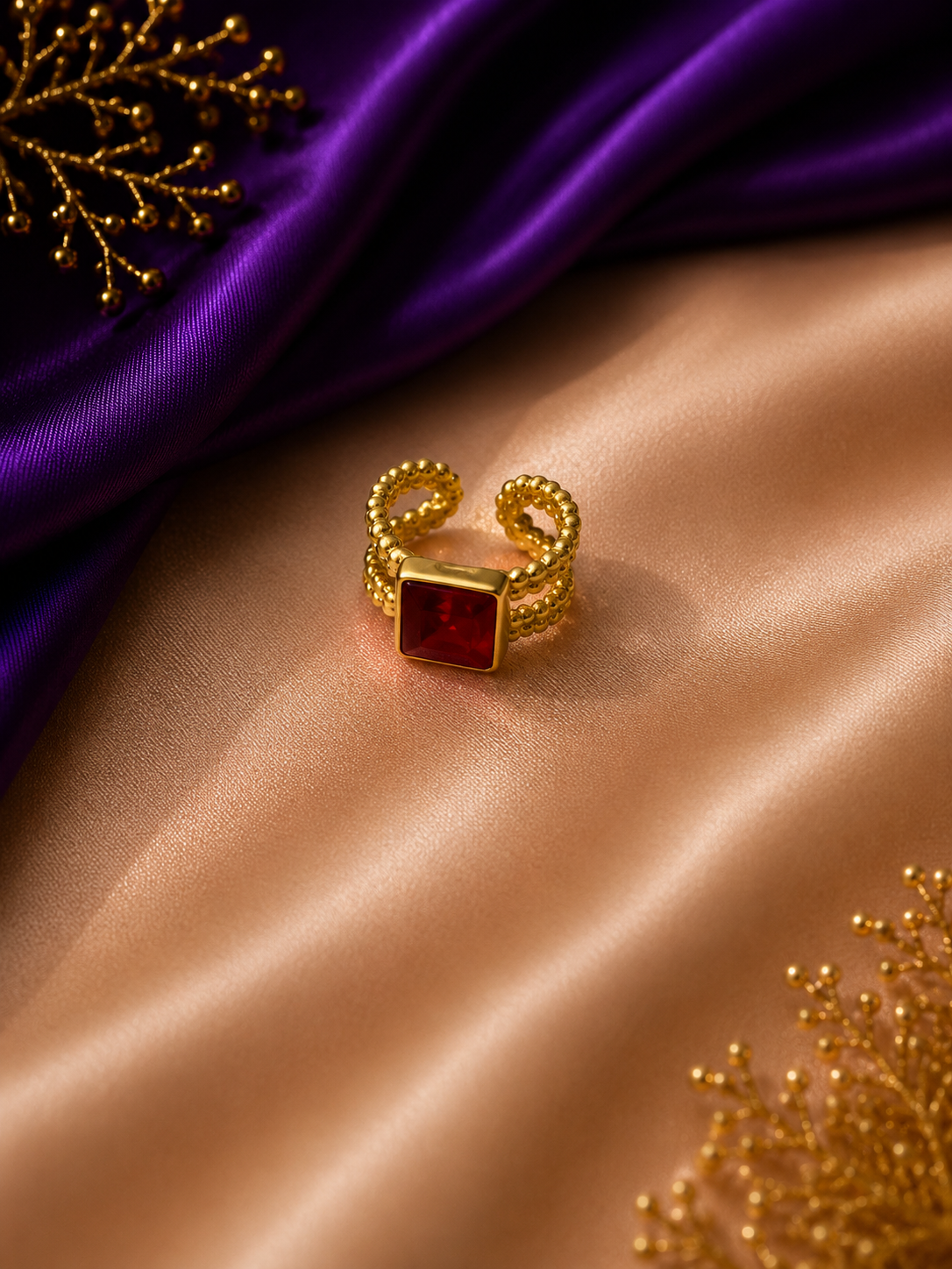 Gold Beaded Double Band Ruby Square Stone Ring