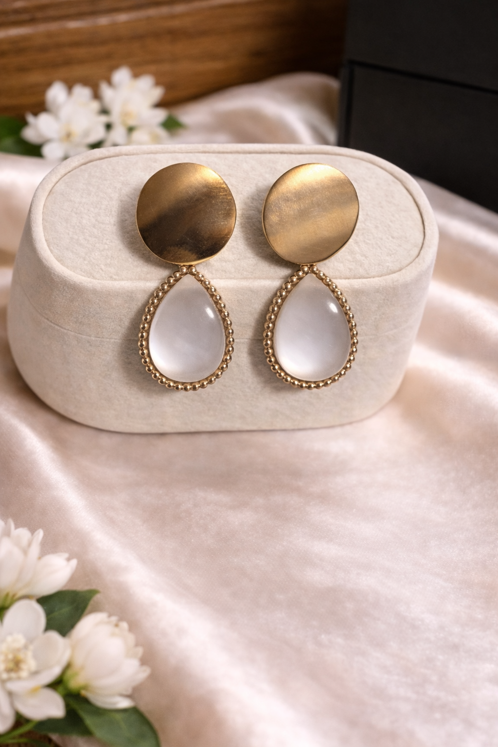 Gold Brushed Disc & Beaded Teardrop Pearl Drop Earrings