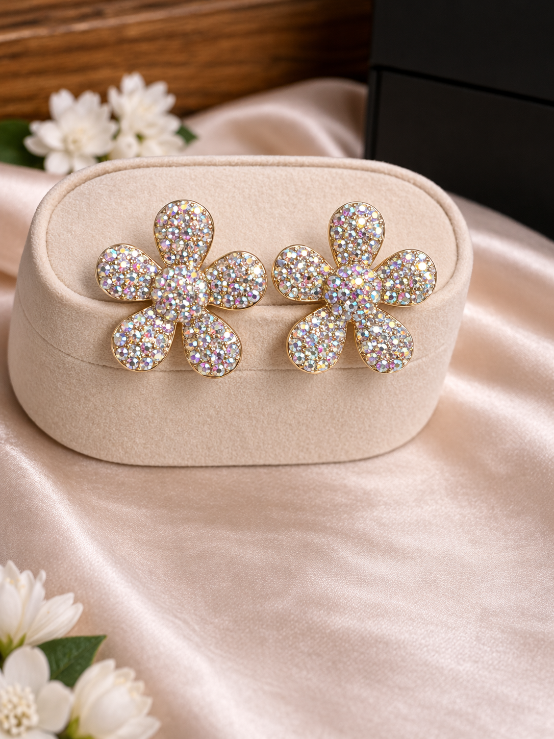 Gold Aurora Borealis Crystal Flower Stud Earrings