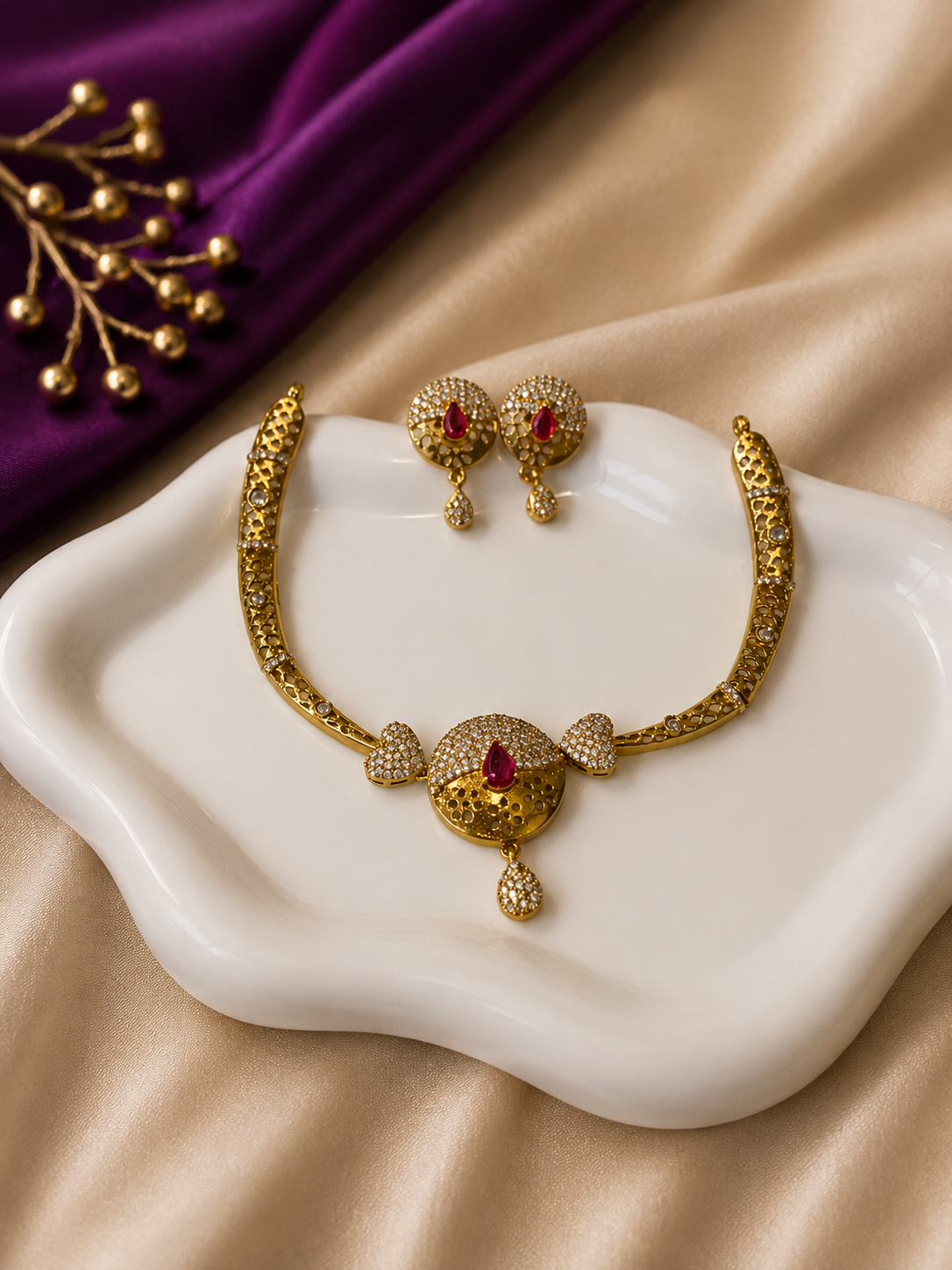 Gold CZ Honeycomb Ruby Drop Necklace & Earring Set