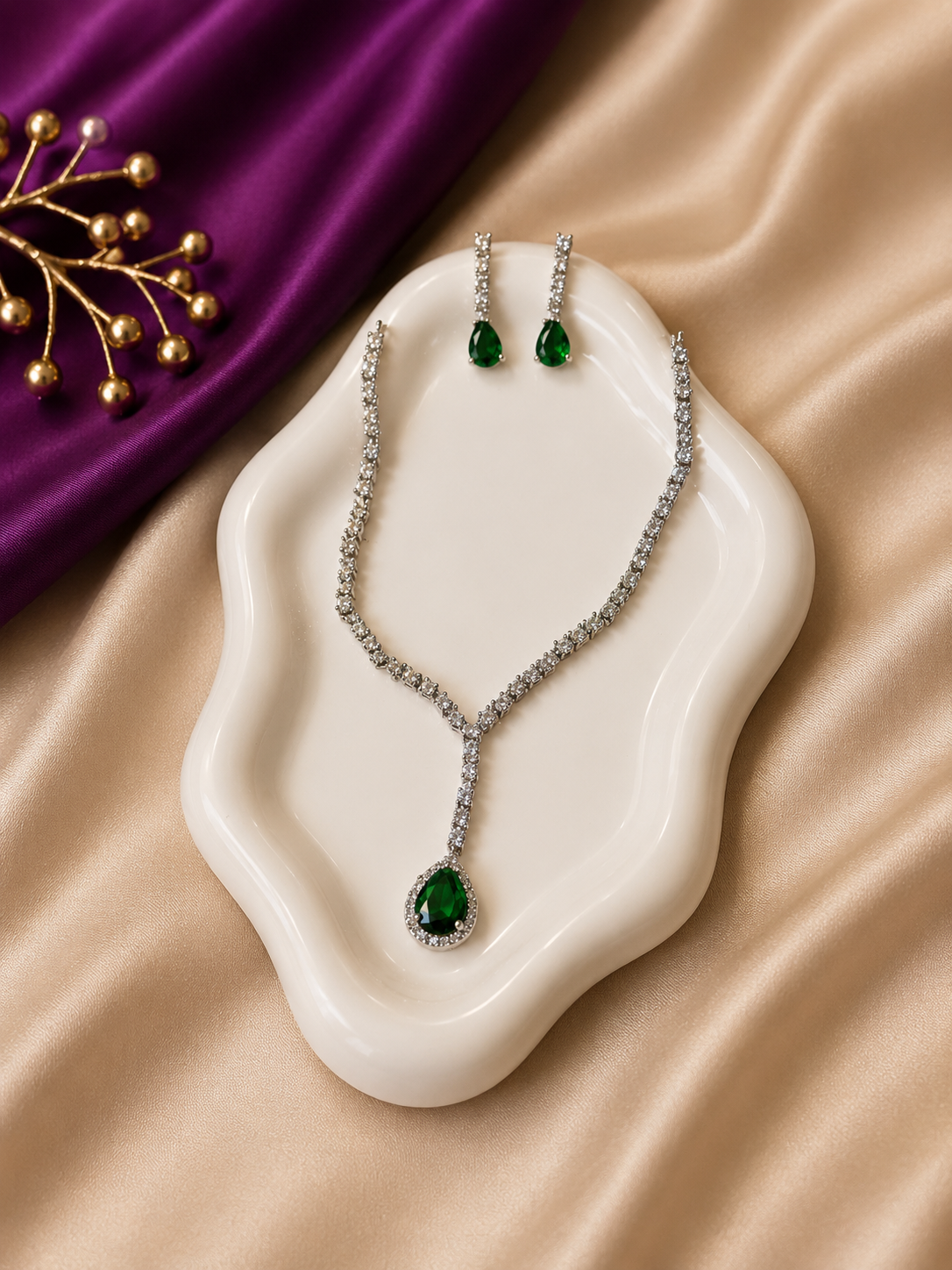 Silver CZ Tennis Emerald Teardrop Necklace & Earring Set