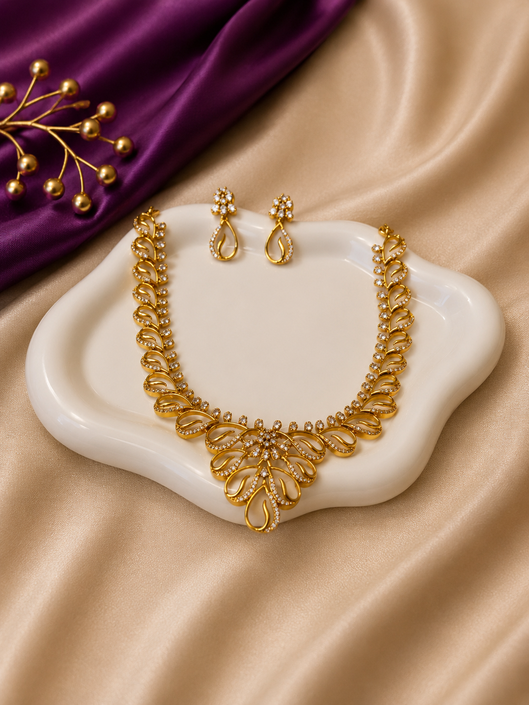 Gold CZ Leaf Petal Floral Necklace & Earring Set