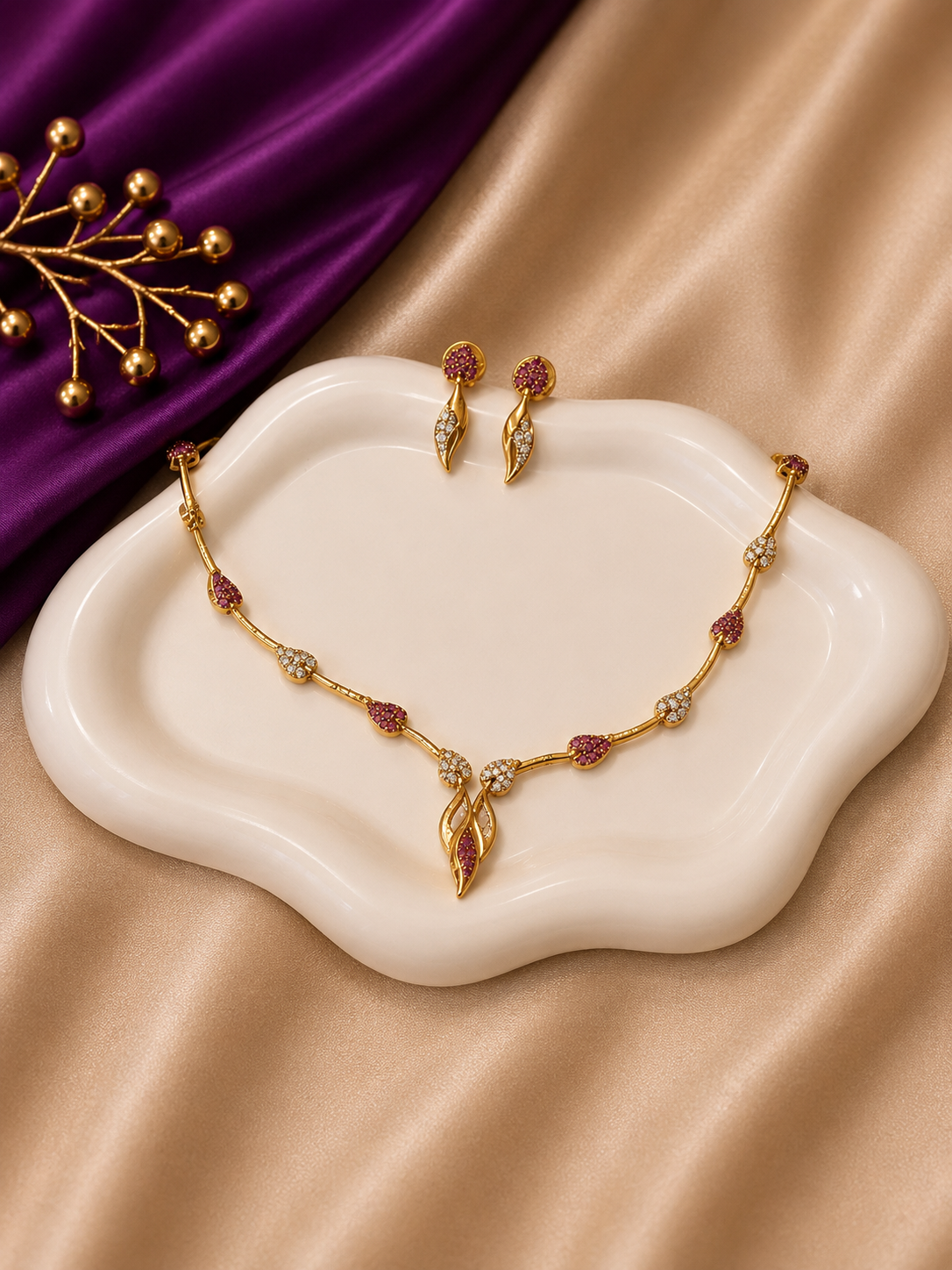 Gold Ruby CZ Berry Leaf Drop Necklace & Earring Set