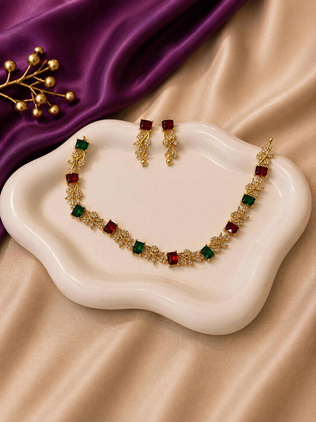 Gold Ruby Emerald Square CZ Leaf Station Necklace & Earring Set