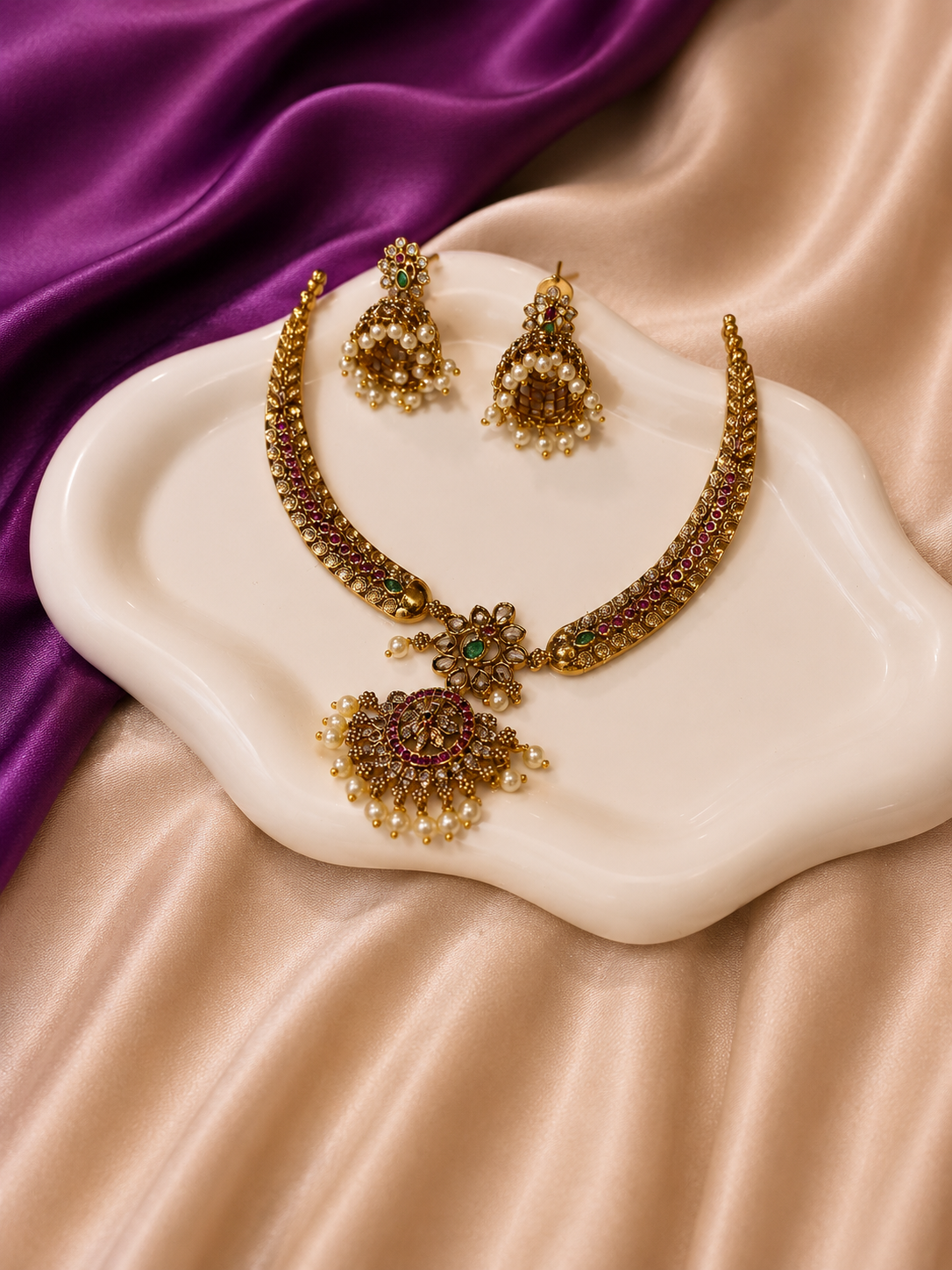 Antique Gold Ruby CZ Pearl Jhumka Pendant Necklace & Earring Set