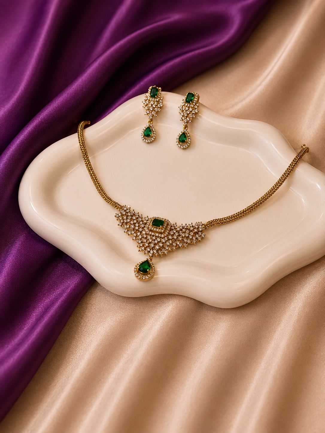 Gold CZ Emerald V-Drop Necklace & Earring Set