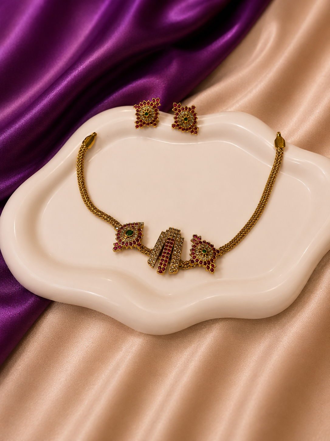Antique Gold Ruby Emerald Art Deco Necklace & Earring Set