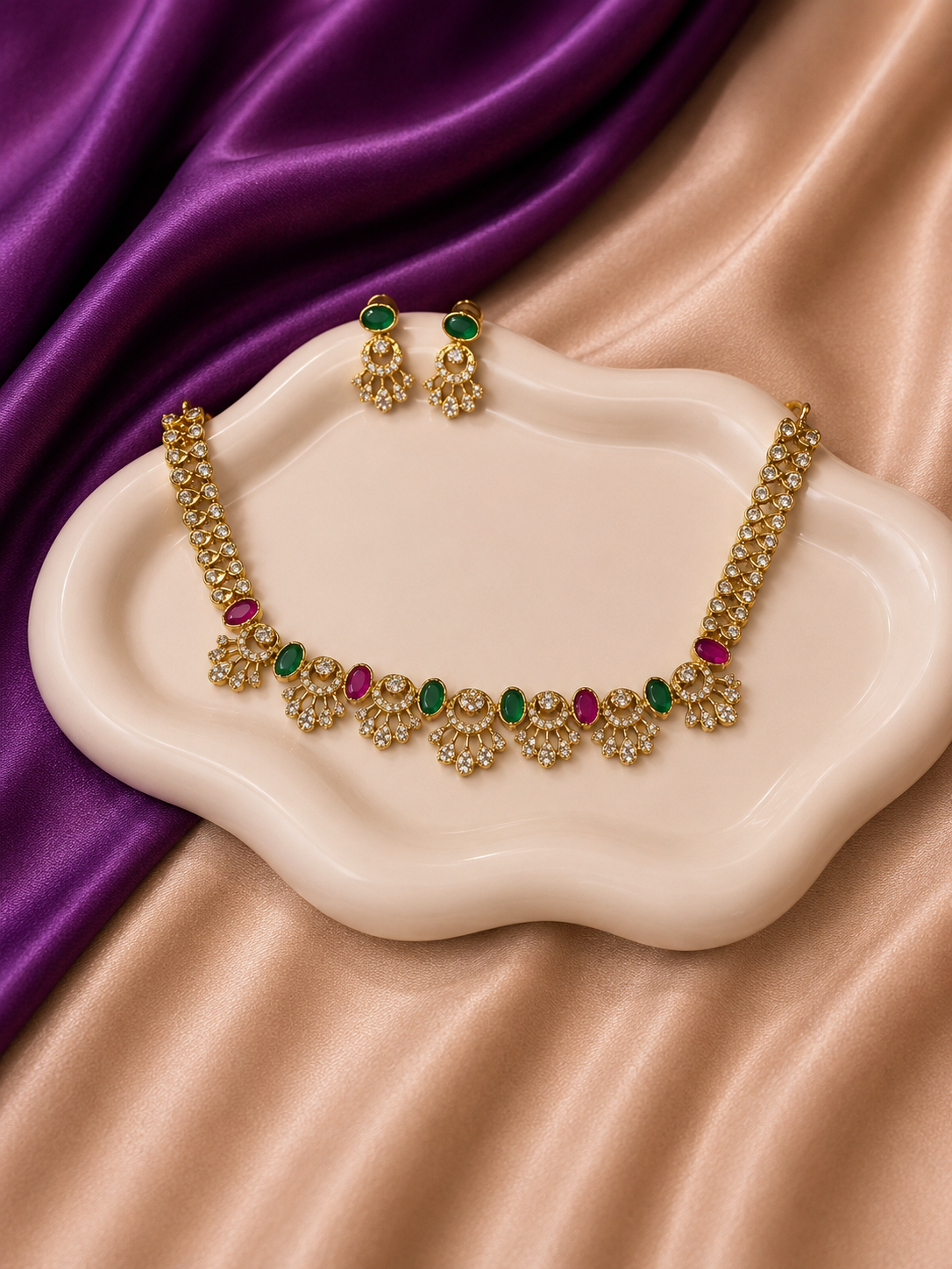 Gold CZ Ruby Emerald Fan Drop Necklace & Earring Set