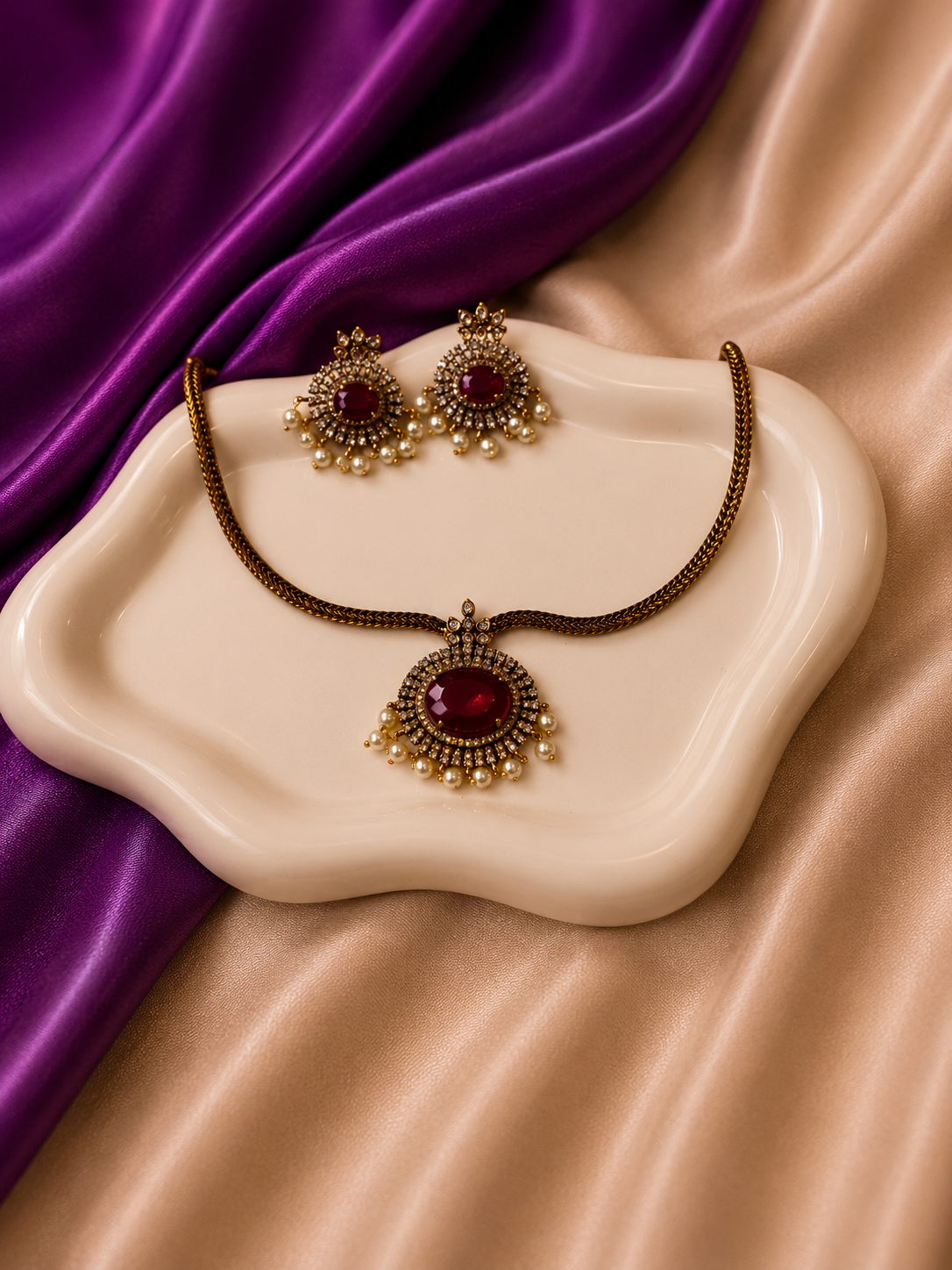 Antique Gold Ruby Oval Pearl Fringe Pendant Necklace & Earring Set