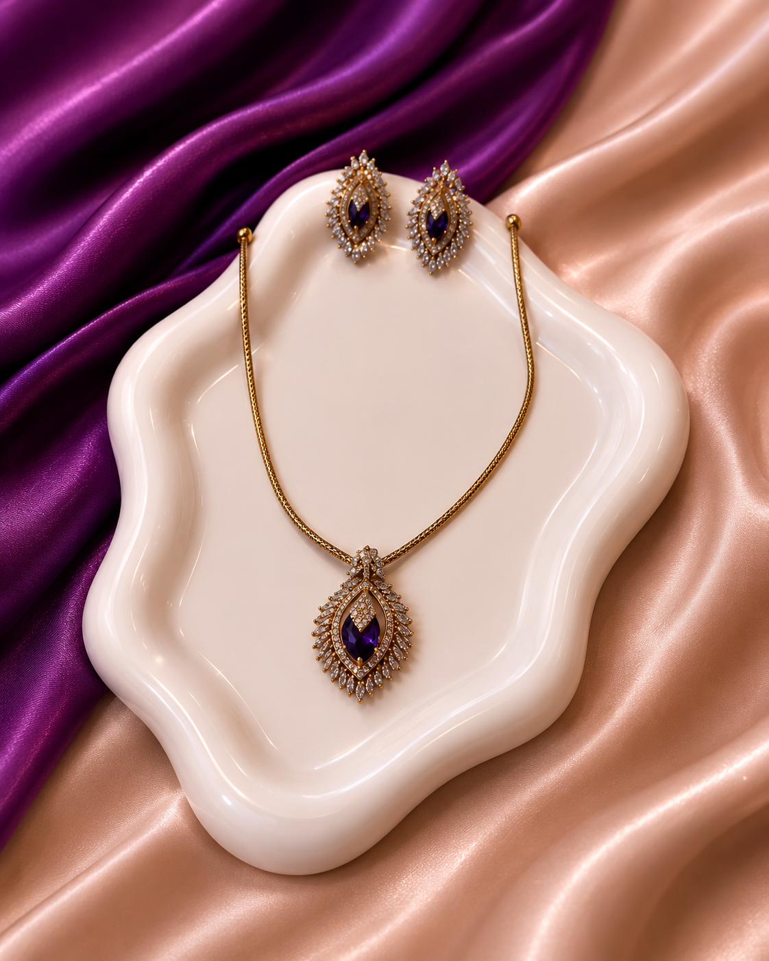 Gold CZ Sapphire Blue Marquise Pendant Necklace & Earring Set