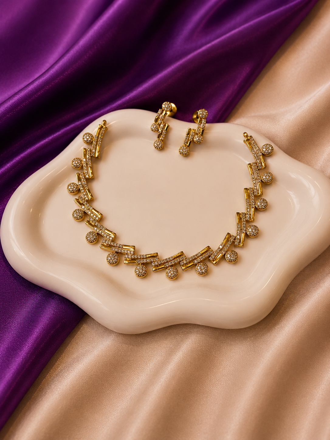 Gold CZ Baguette Bar & Dome Station Necklace & Earring Set