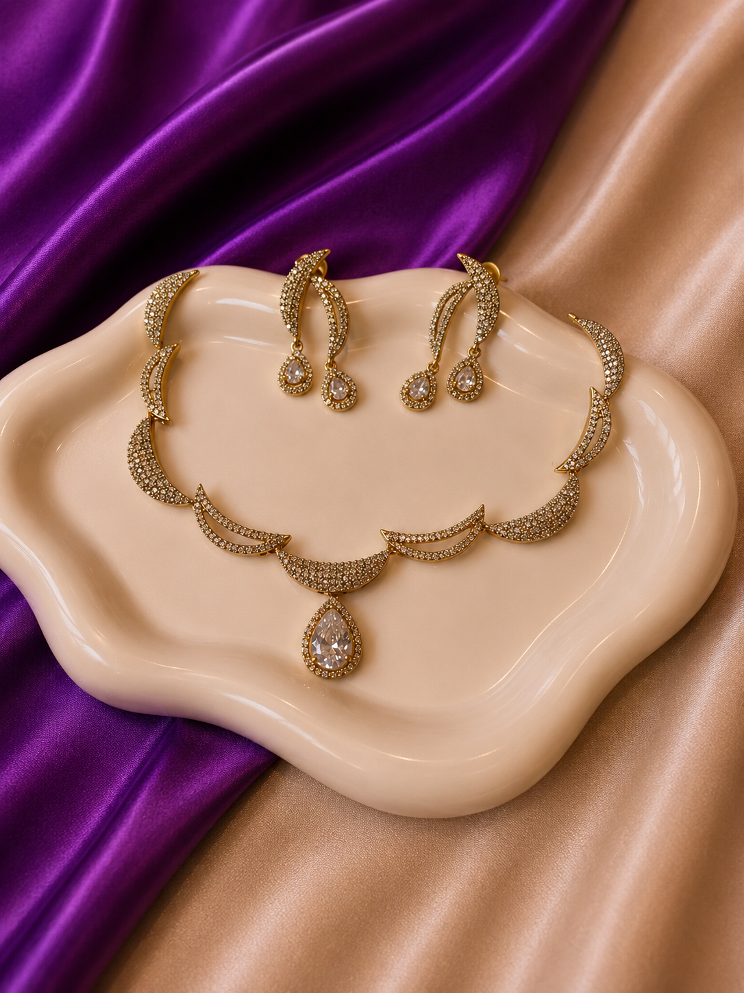 Gold CZ Crescent Moon Scallop & Teardrop Necklace & Earring Set