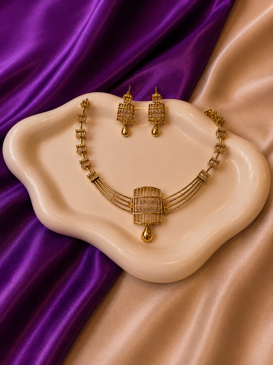 Gold CZ Lattice Cage Bar Necklace & Earring Set