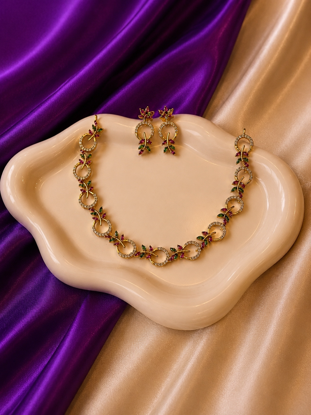 Gold Multicolour CZ Circle & Floral Vine Necklace & Earring Set
