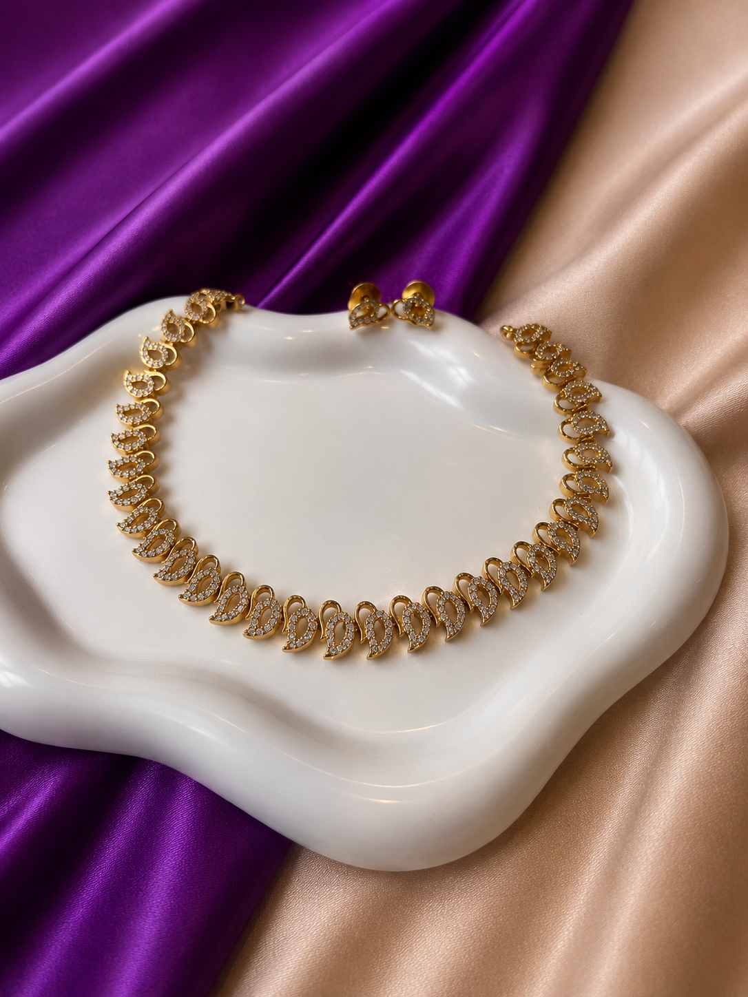 Gold CZ Leaf Petal Cascade Choker Necklace & Earring Set