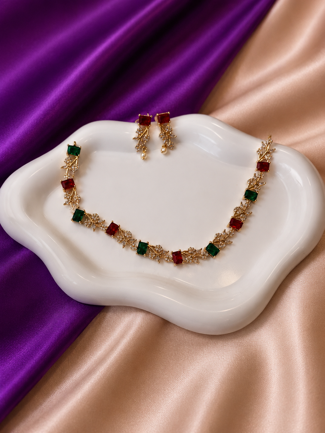 Gold CZ Ruby Emerald Square & Leaf Vine Necklace & Earring Set