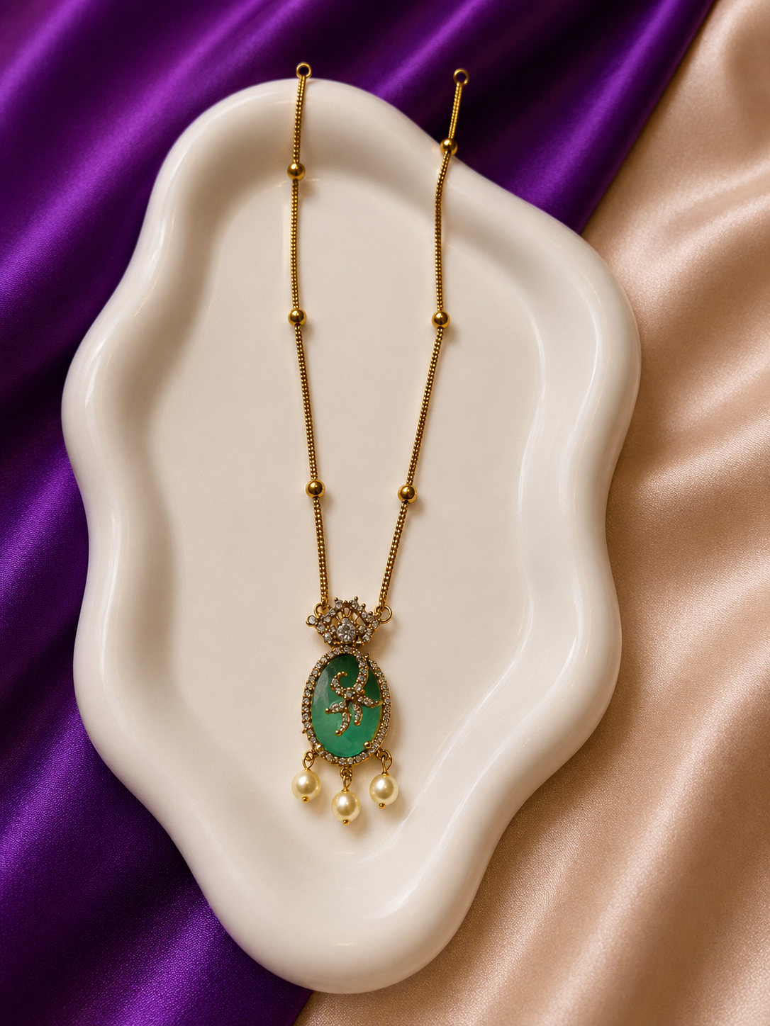 Antique Gold Jade Green Enamel Oval CZ Pearl Drop Long Necklace