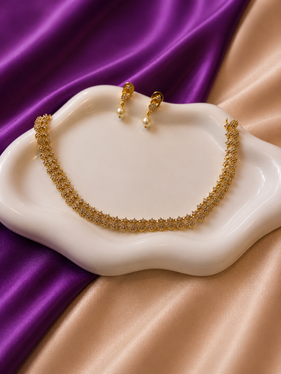 Gold CZ Micro Floral Collar Necklace & Pearl Drop Earring Set