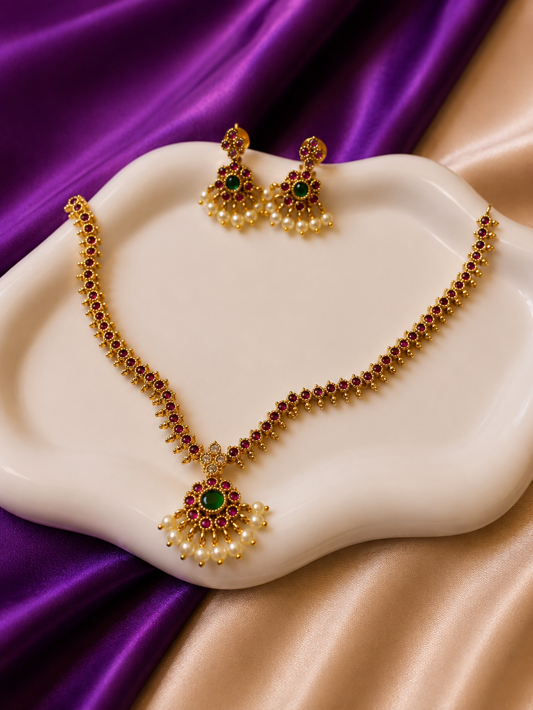 Antique Gold Ruby Emerald CZ Pearl Jhumka Fan Necklace & Earring Set