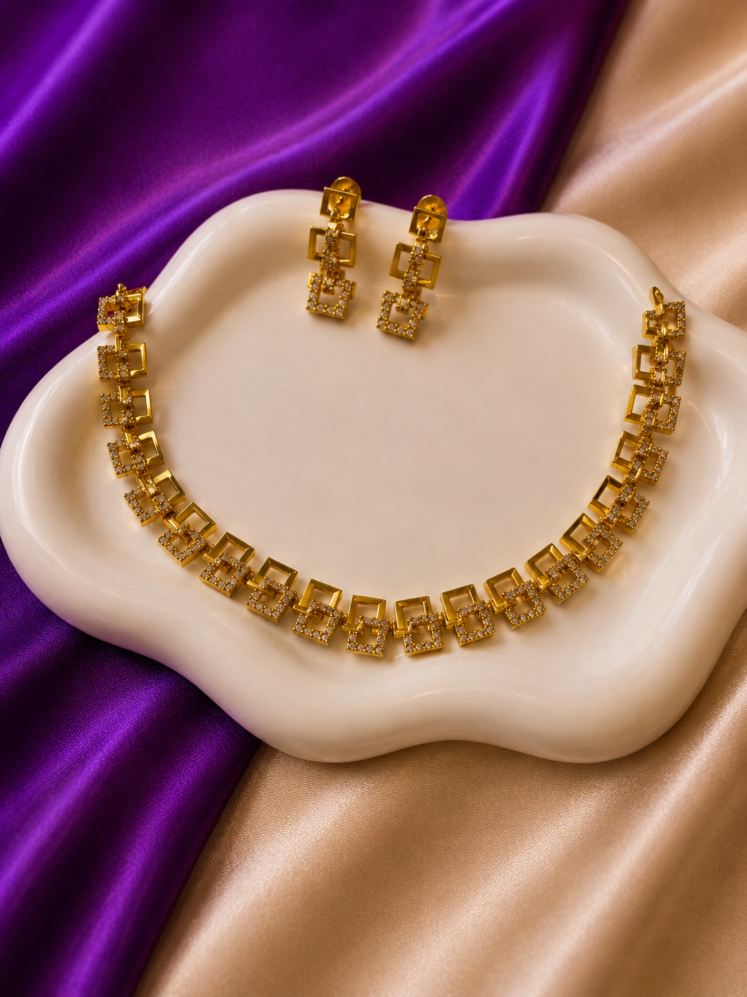 Gold CZ Open Square Link Collar Necklace & Earring Set