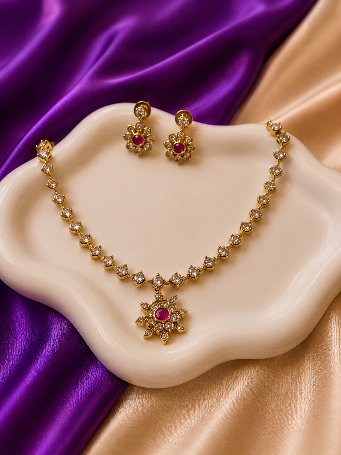 Gold CZ Marquise Star & Ruby Floral Pendant Necklace & Earring Set