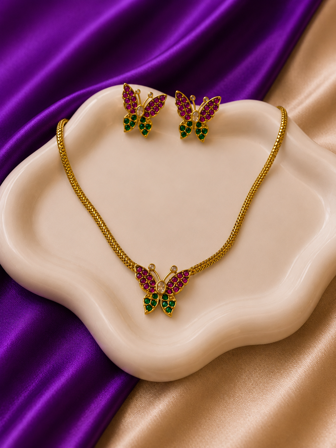 Gold Ruby Emerald CZ Butterfly Pendant Necklace & Earring Set
