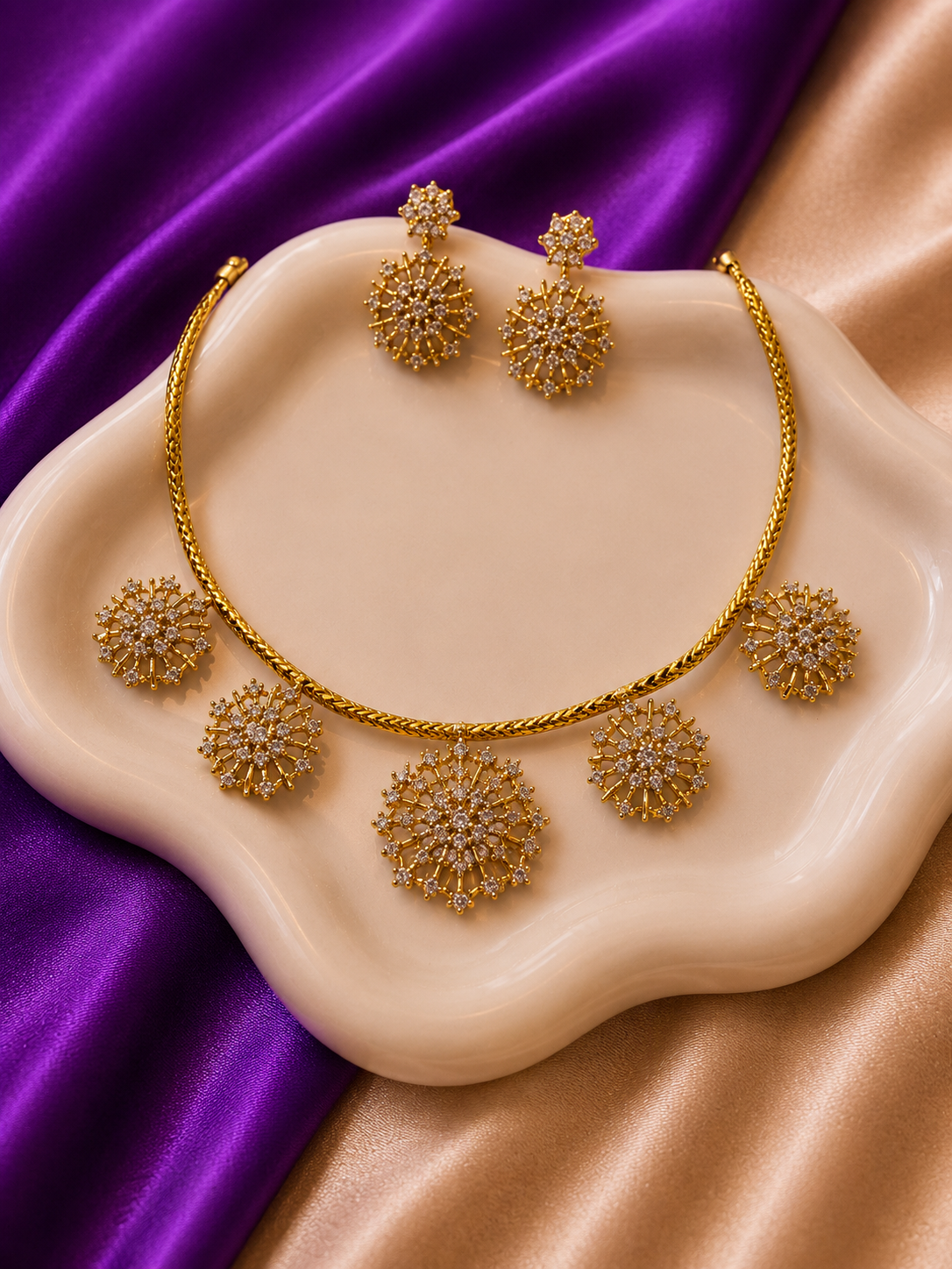 Gold CZ Sunburst Medallion Fringe Torque Necklace & Earring Set