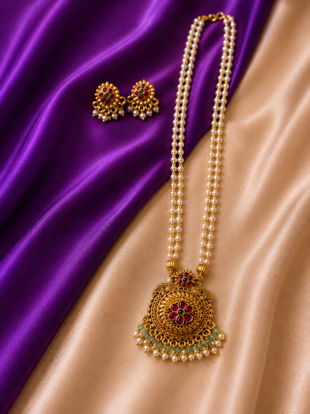 Antique Gold Ruby Emerald Kundan Circular Pendant Double Pearl Strand Long Necklace & Earring Set