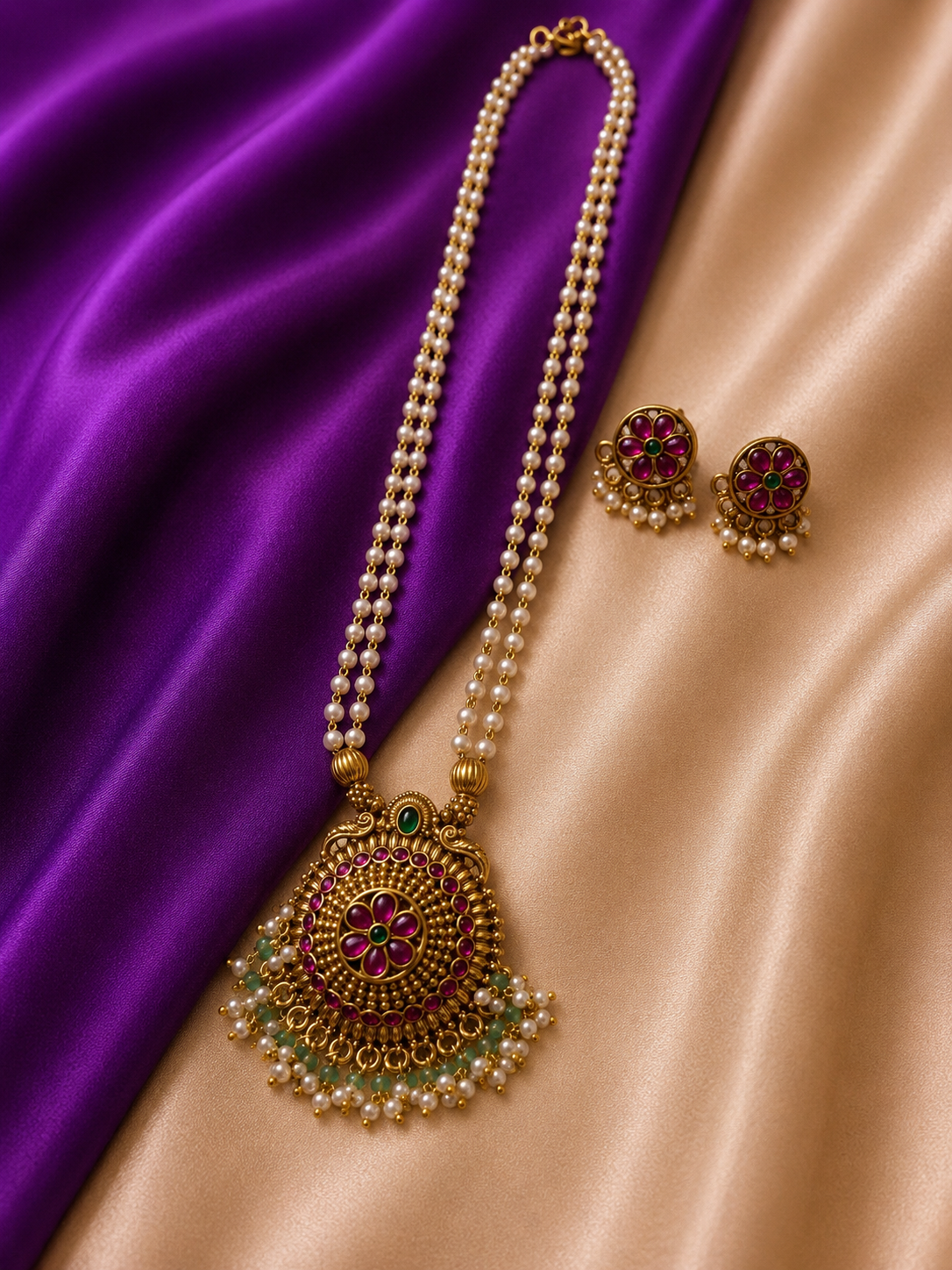 Antique Gold Ruby Emerald Kundan Grand Pendant Double Pearl Strand Long Necklace & Earring Set