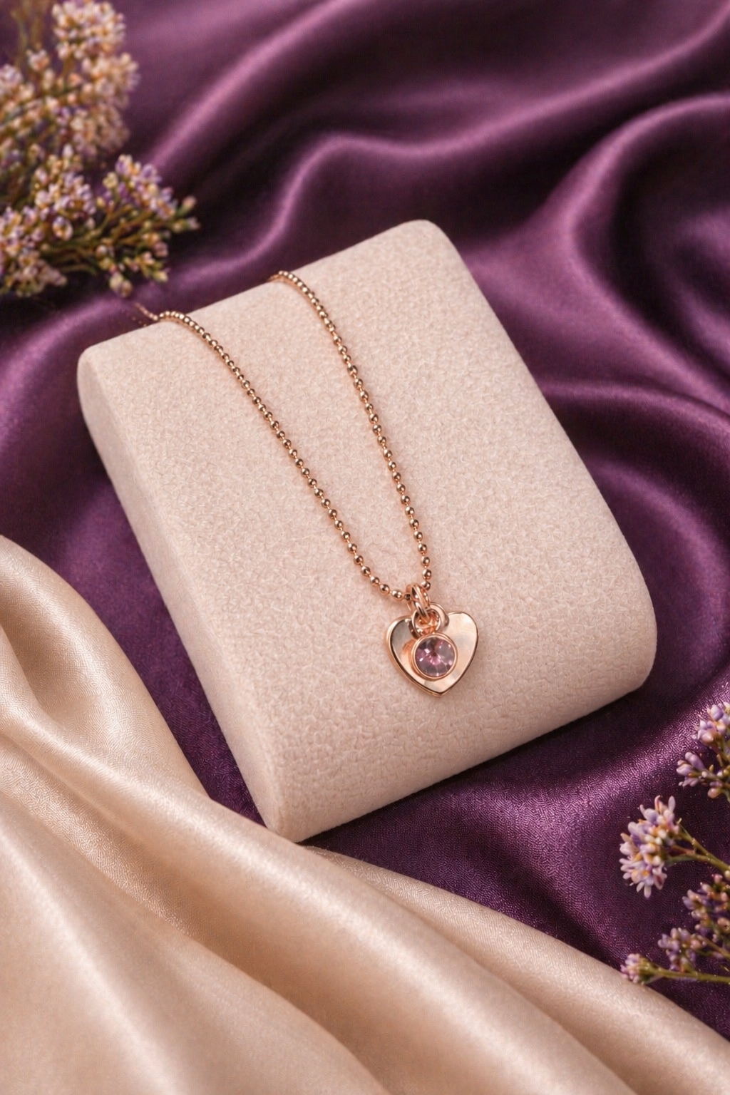 Rose Gold Open Heart & Amethyst Crystal Pendant Necklace