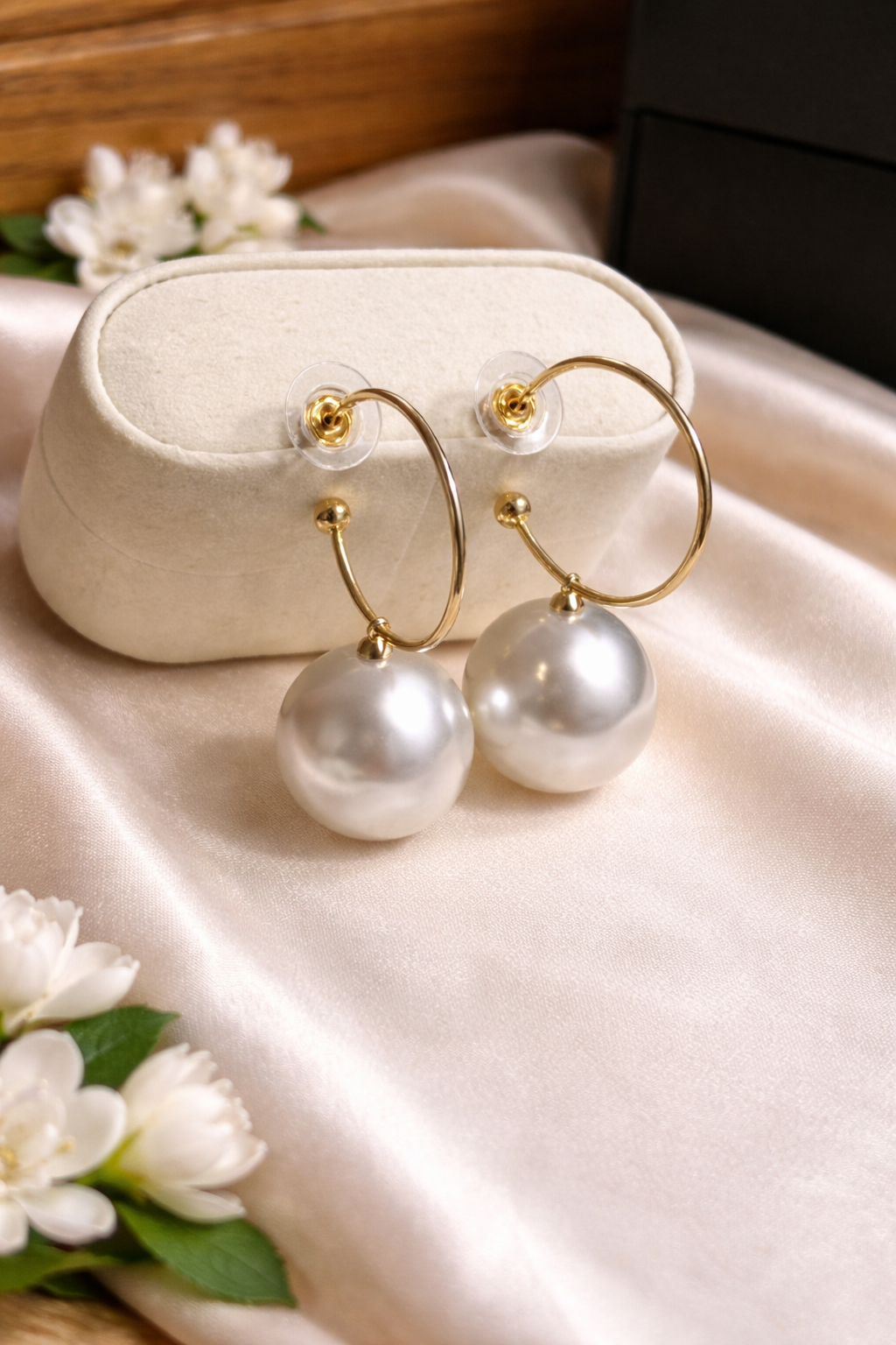 Gold Hoop Pearl Drop Earrings