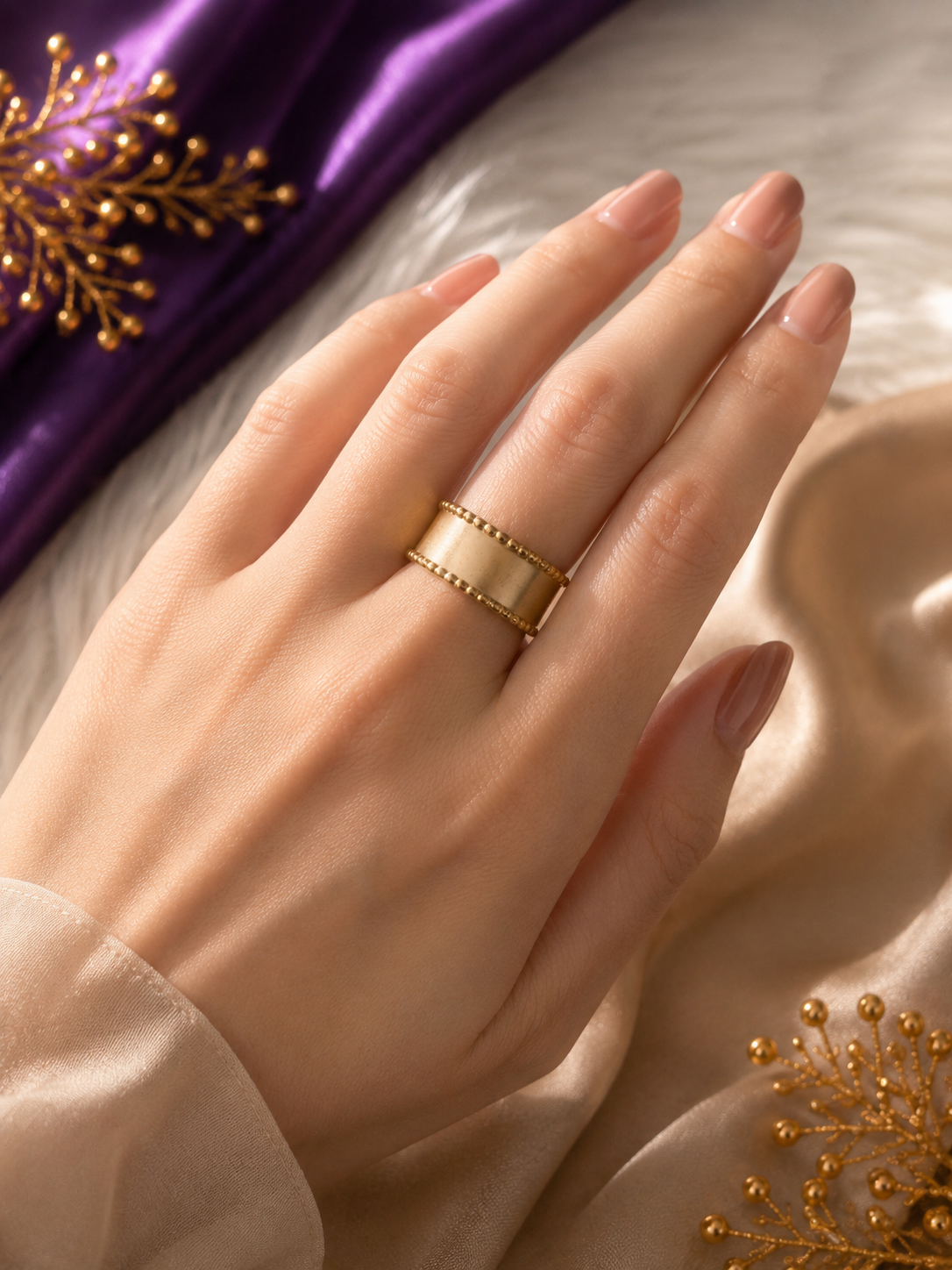 Adjustable Gold Beaded Band Ring | Anti-Tarnish 18K Gold-Plated Open Band