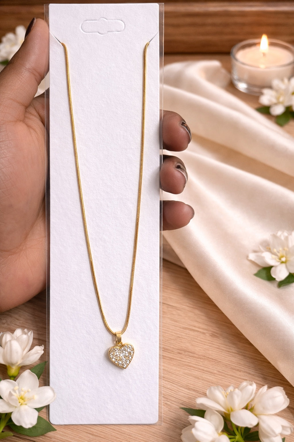 Gold Snake Chain Pavé Crystal Heart Necklace