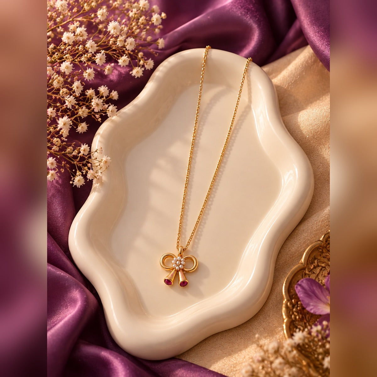 Gold necklace with bow pendant, pearl cluster centre and ruby drops