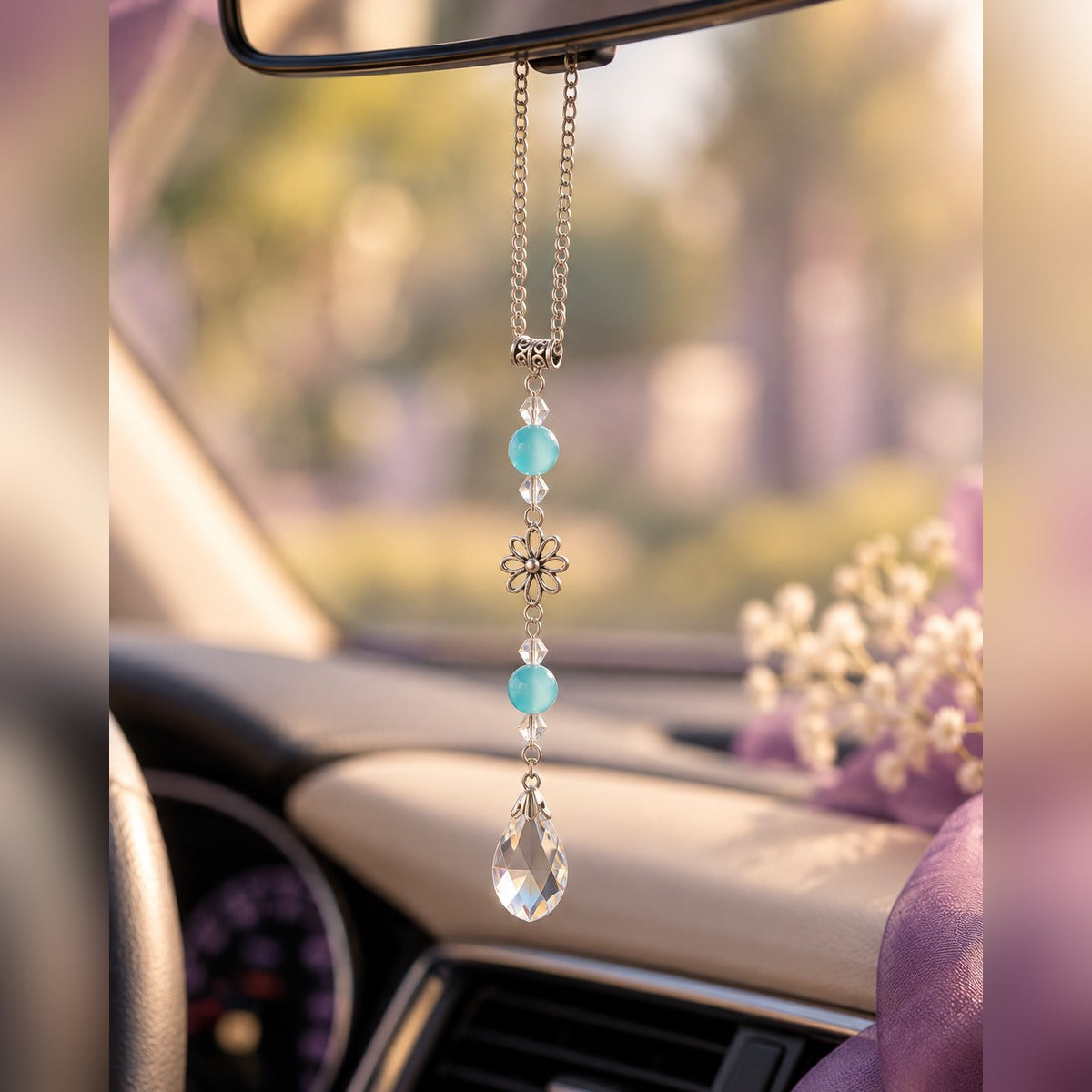 Aqua crystal car charm with blue beads, silver flower charm and clear teardrop crystal, hanging from a rearview mirror