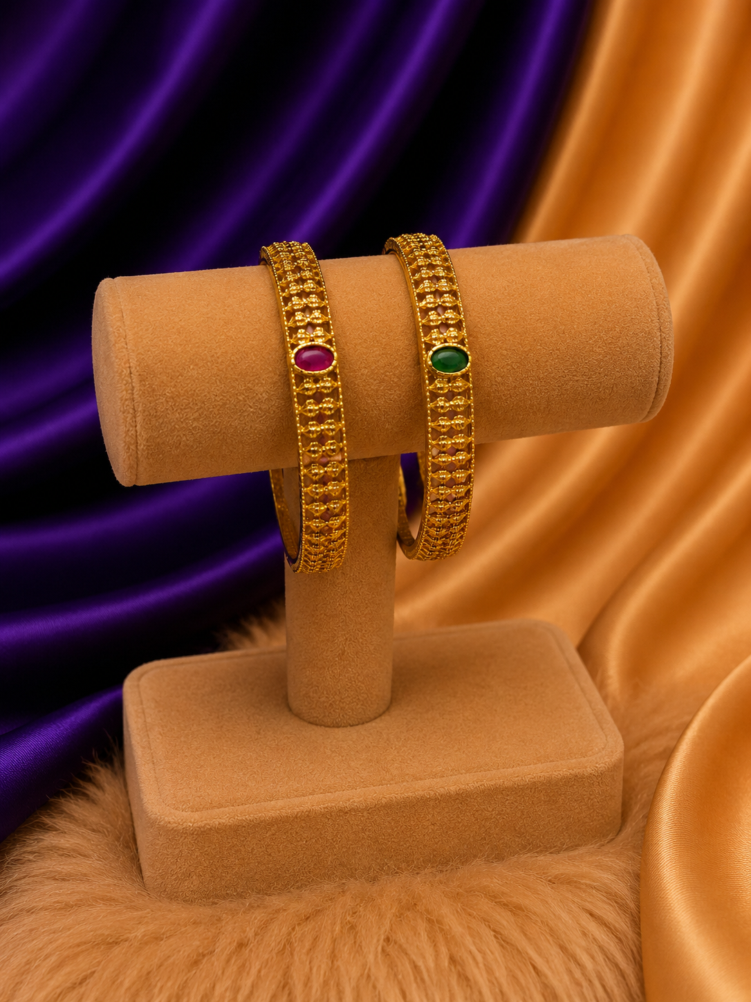 Gold Textured Bangle Set with Oval Gemstone (Set of 2)